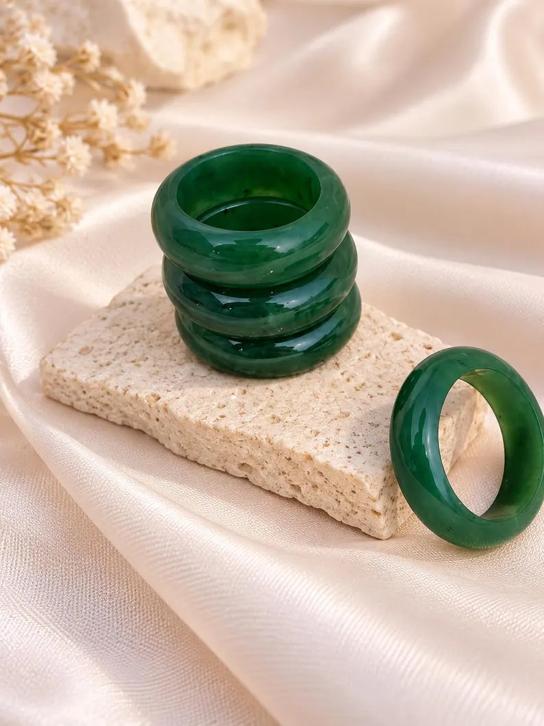 Natural Green Nephrite Jade Ring | Stackable Jade Band | Good Luck Gift