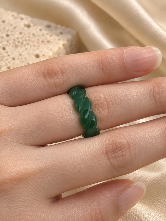 Natural Nephrite Jade Ring – Carved Geometric Band, Good Luck Gift