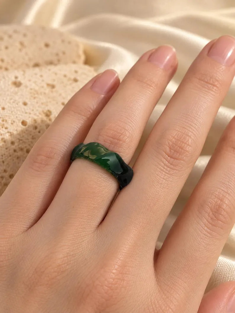 Natural Green Nephrite Jade Ring | Hand-Carved Stone Band