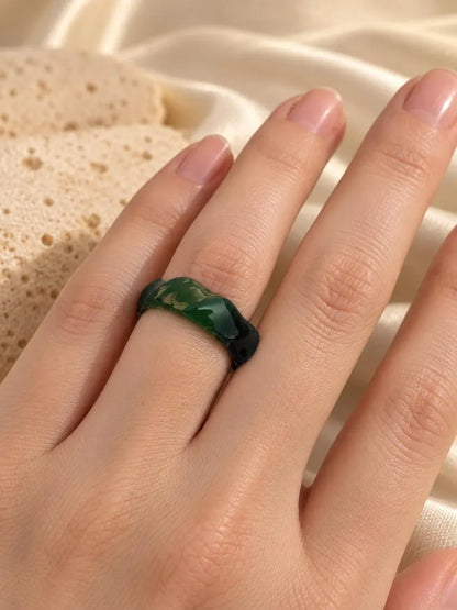 Natural Green Nephrite Jade Ring | Hand-Carved Stone Band