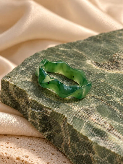 Natural Green Nephrite Jade Ring | Hand-Carved Stone Band