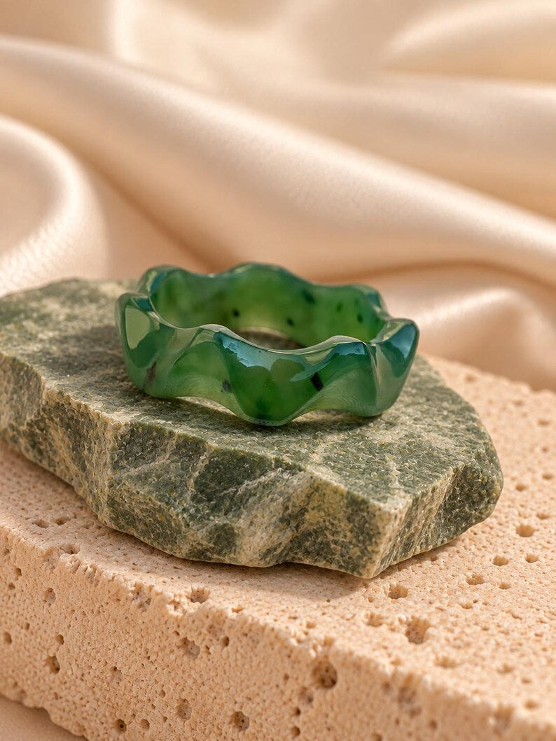 Natural Green Nephrite Jade Ring | Hand-Carved Stone Band