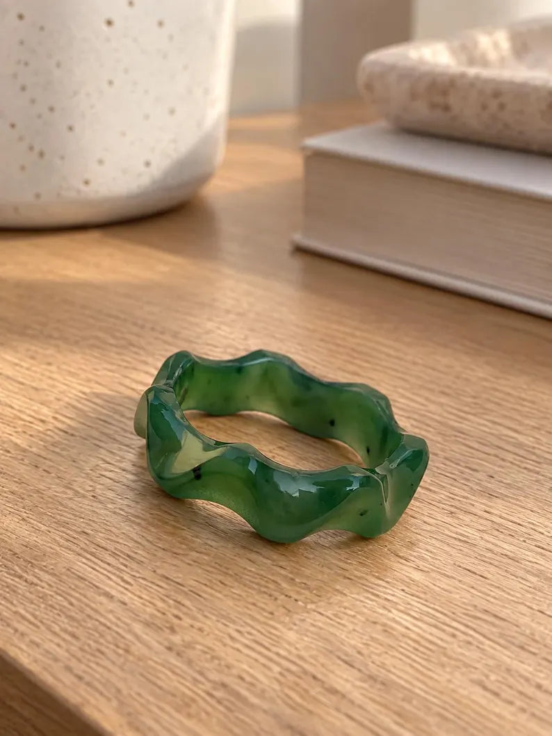 Natural Green Nephrite Jade Ring | Hand-Carved Stone Band