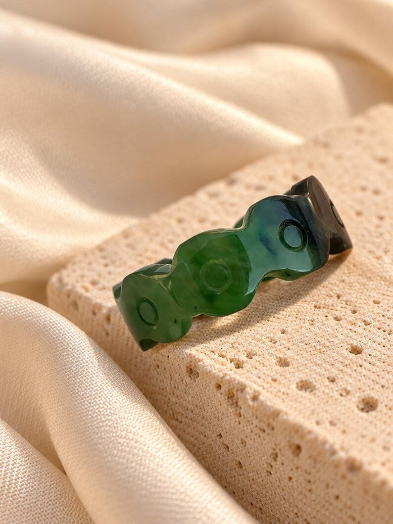 Natural Green Nephrite Jade Ring | Carved Jade Band | Good Luck Gift