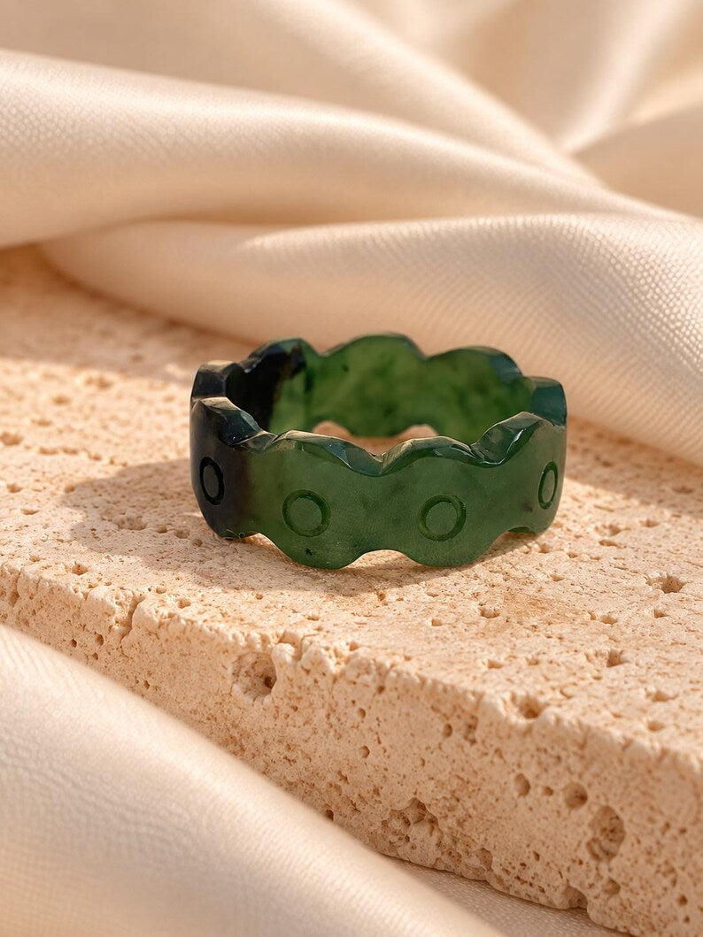 Natural Green Nephrite Jade Ring | Carved Jade Band | Good Luck Gift
