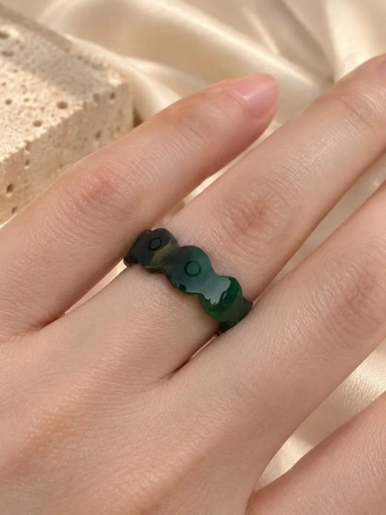 Natural Green Nephrite Jade Ring | Carved Jade Band | Good Luck Gift