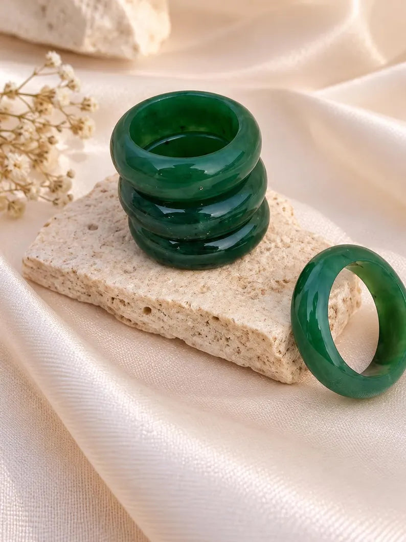 Natural Green Nephrite Jade Ring | Stackable Jade Band | Good Luck Gift