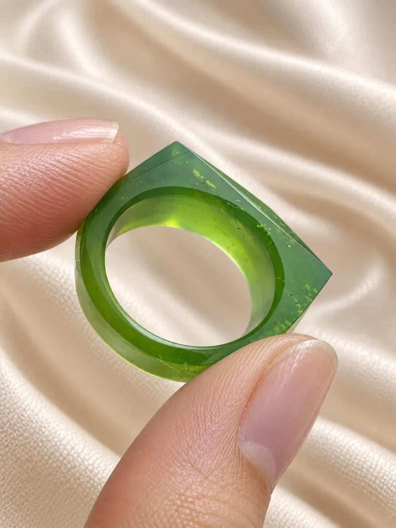 Natural Green Jade Ring | Hand-Carved Jade Band | Good Luck Gift for Him