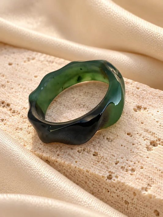 Natural Green Nephrite Jade Ring | Hand-Carved Jade Band | Good Luck Gift