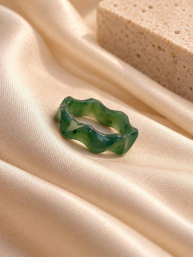 Natural Green Nephrite Jade Ring | Hand-Carved Stone Band