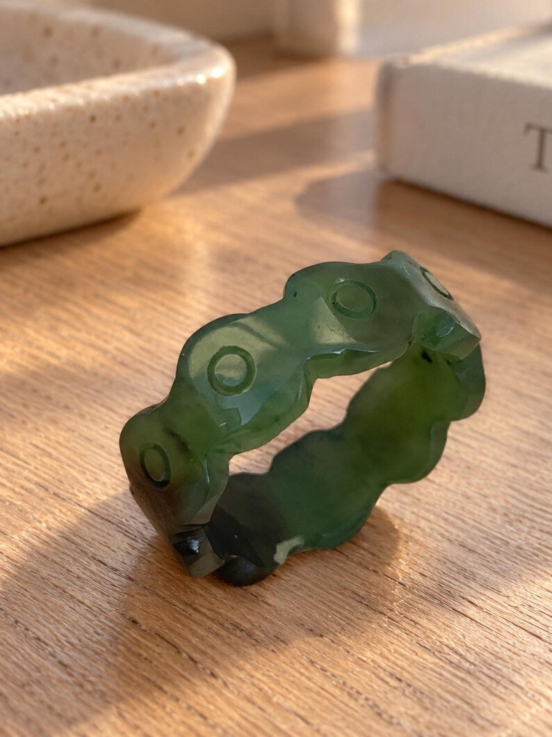 Natural Green Nephrite Jade Ring | Carved Jade Band | Good Luck Gift